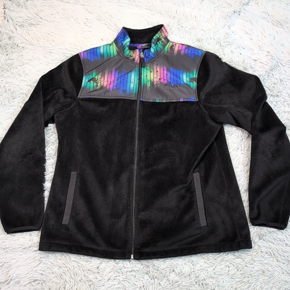 Fila Sport Jacket Womens L Black Gorpcore Pockets Soft Zip Up Cozy Athletic